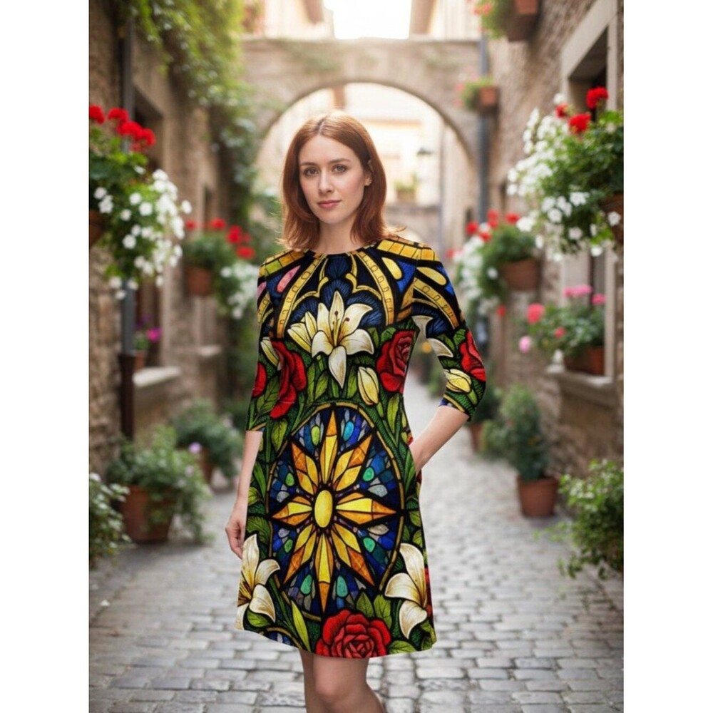 Laura Flare Dress Victorian Rose Window | Stained Glass Floral